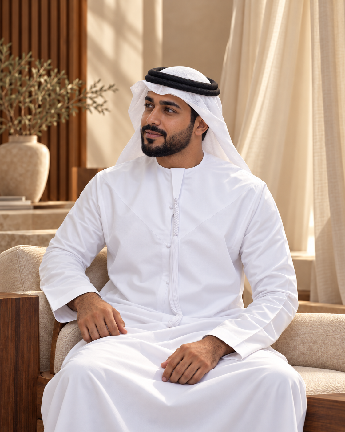عارض إماراتي خيالي بالكندورة البيضاء — صورة مولّدة بالذكاء الاصطناعي لحملة طاقة